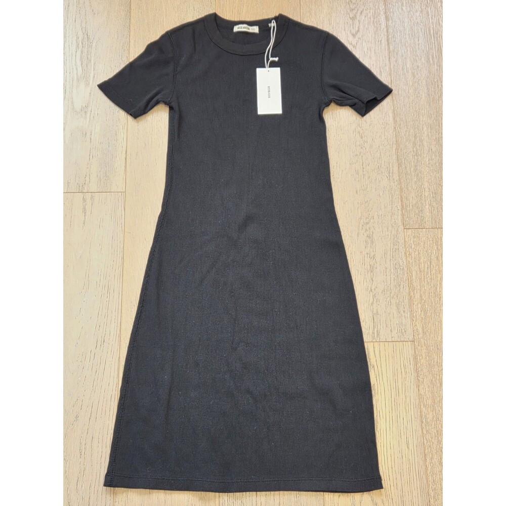 NWT Buck Mason Rib Mini Tee Dress Black XS Stretch Short Sleeve Midi Cotton $88